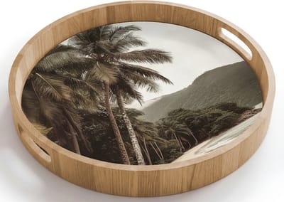 Dienblad rond 40x40 cm - Schootdienblad hout - Eiland - Palmboom - Zee - Borrelplank rechthoek - Plateau houten dienbladen