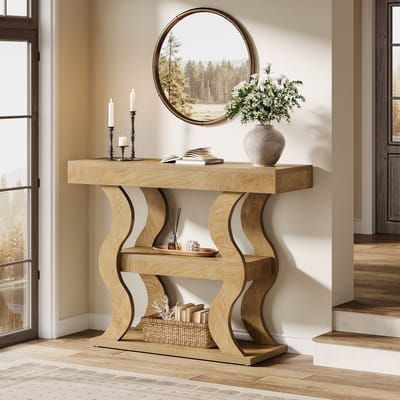 LITTLE TREE Landelijke Consoletafel - met opbergruimte - 105 x 35 x 80 cm - 3 laags structuur - smalle bijzettafel voor hal en woonkamer - Vintage Bruin