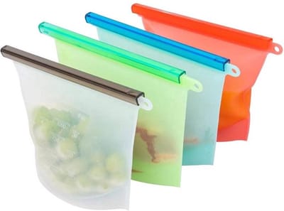 Siliconen Vershoudzakken | Bewaarzakken | Diepvrieszakken | Herbruikbaar | Lekvrij | Set 4-Stuks 1000ml | Vries & Hitte Bestendig | 4 Kleuren