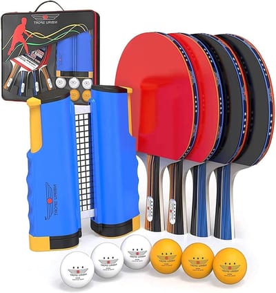 Pingpongpeddelset - Tafeltennis Rackets - Binnen en Buiten Spelen - Intrekbaar Net Inclusief - 4 Peddels 6 Ballen - Oranje Wit