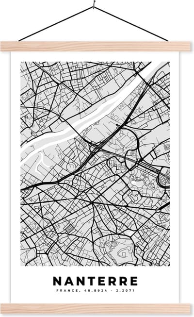 Posterhanger incl. Poster 40x60 cm - Schoolplaat - Kaart - Frankrijk - Stadskaart - Plattegrond - Nanterre - Textielposter - Blanke latten - Stadskaart