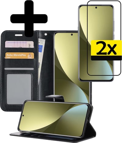 Hoesje - Met 2x Screenprotector - Geschikt voor Xiaomi 12 - Luxe Pasjeshouder - Bookcase Portemonee - Flip Case - Kunstleer Book Case - Flipcase Hoes - Book Cover - Walletcase - Portemonneehoes - Telefoonhoesjes - Zwart
