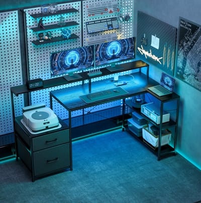 MEUNIQ L-vormig gaming bureau 165 x 80 x 91,5 cm met LED-verlichting, stopcontacten, USB en USB-C, dubbele monitorstandaard, 2 lades en open vakken, zwart