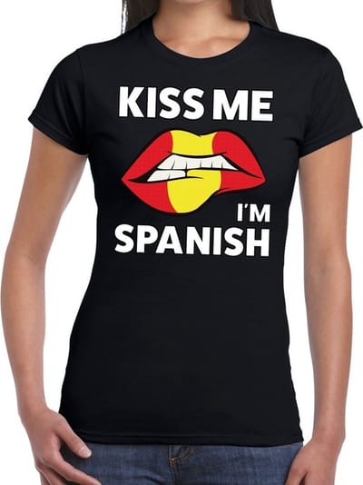 Kiss me i'm Spanish t-shirt zwart dames - feest shirts dames XS