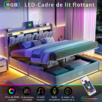 Gestoffeerd bed 140 x 190 cm, tweepersoonsbed met ledverlichting en USB-poort, opbergruimte in het hoofdeinde, hydraulische rails, fluweel, grijs
