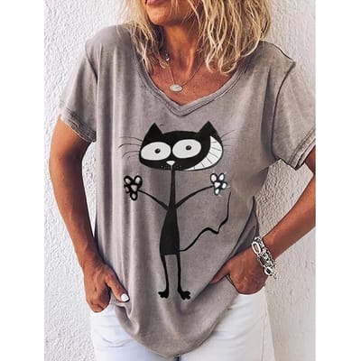 Dames T-shirts 3d Kat Print Esthetische Tops V-Hals Korte Mouw T-shirts Dameskleding Losse Mode Casual Zwarte T-shirts 5XL gray