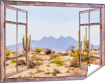 Gards Tuinposter Doorkijk Cactussen in de Woestijn - 120x80 cm - Tuindoek - Tuindecoratie - Wanddecoratie buiten - Tuinschilderij