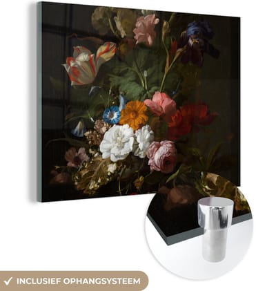 MuchoWow® Glasschilderij 160x120 cm - Schilderij acrylglas - Vaas met bloemen - Schilderij van Rachel Ruysch - Foto op glas - Schilderijen