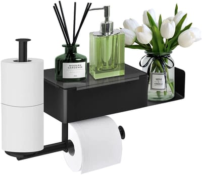 Toiletpapierhouder, wc-rolhouder zonder boren, roestvrij staal, wc-rolhouder, toiletpapierhouder met box voor vochtige doekjes, zelfklevend, voor badkamer, keuken, 2 reserverolhouders, zwart