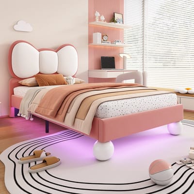 DESMIU Gestoffeerd Kinderbed 90x200 cm – Vlindervormig Hoofdbord Met Ledverlichting – Stabiele Lattenbodem – Zonder Matras – Voor Kinderkamer – Fluweel – Roze