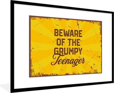 Fotolijst incl. Poster - Kids - Quotes - Vintage - Beware of the grumpy teenager - 120x80 cm - Posterlijst
