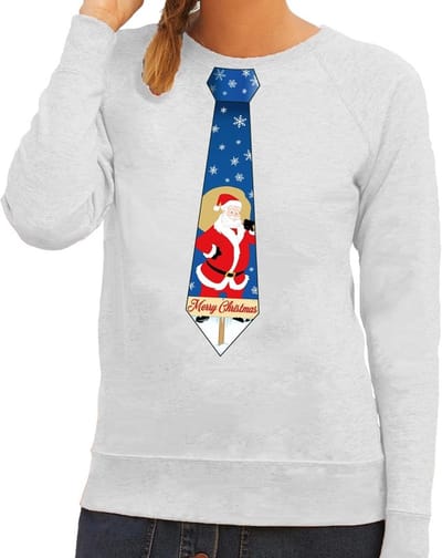 Foute kersttrui / sweater stropdas met kerstman print grijs voor dames XS