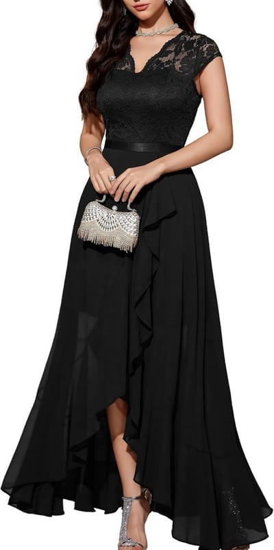 Elegante chiffon avondjurk met kanten detail, V-hals en Hi-Lo model, geschikt voor bruiloften en galajaren