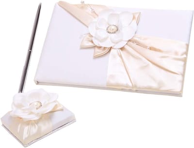 Bruiloft Gastenboek - Gastenboek Set - Bruiloft Vieringen - Met Penhouder - 24.5 x 16 cm - Ivoor Wit