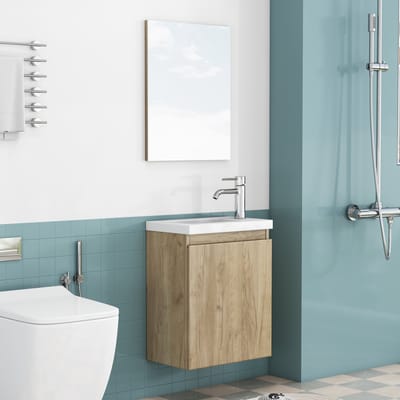 40 cm zwevend badkamermeubel - eiken houtlook wastafelmeubel - greeploos - voorgemonteerd - met spiegel - voor kleine badkamer - 40cm - eiken
