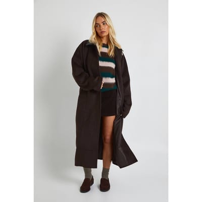 boohoo Dames Hoge neplederen kraag lange mantel met wollen uitstraling | Chocolate | Maat: 8