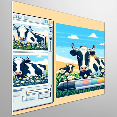 Pixel art koeien schilderij | Mooi mozaïek van grazende koeien, levendige pixel kunstcreatie | Kunst - 60x60 centimeter op Forex | Foto op Forex