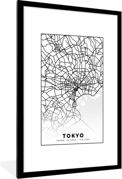 Fotolijst incl. Poster - Tokyo - Stadskaart - Zwart Wit - Plattegrond - Kaart - 80x120 cm - Posterlijst