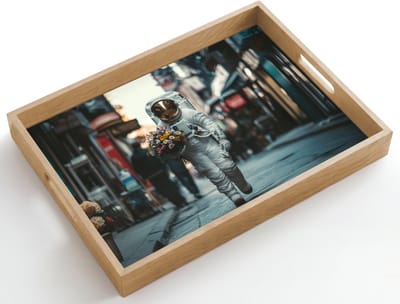 Dienblad hout 50x35 cm - Schootdienblad - Boeket - Bloemen - Kleurrijk - Astronaut - Borrelplank rechthoek - Plateau dienbladen