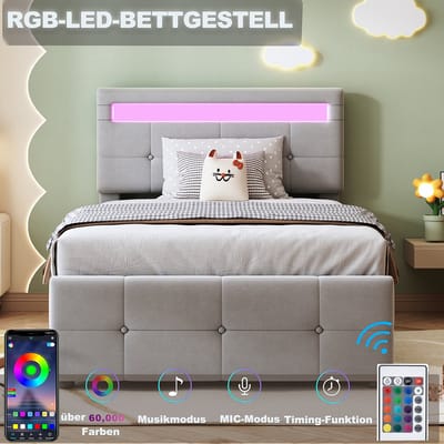 KOMHTOM Eenpersoonsbed 90x200 cm met LED-verlichting Hydraulisch opbergbed In hoogte verstelbaar hoofdeinde Fluwelen Grijs