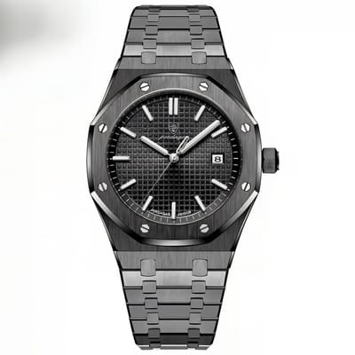 Selevie Horloge AP Royal – Zwarte horlogeband schakels, Zwarte wijzerplaat en zilverkleurige wijzers - Herenhorloge - met horloge box