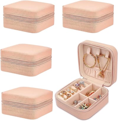 Compacte Reiskosmetiekoffer - 4-delige Sieraden Organizer voor Ringen, Oorbellen en Kettingen - Ideaal voor Vakanties en Reizen (Roze)