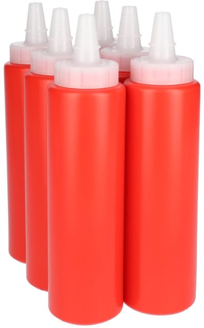 6 x Knijpbare Doseerfles 250 ml rood met Tuitdop naturel- BPA Vrij - Niet Breekbaar - Plastic Flesjes Navulbaar - Met Dop - Lege Flessen - 6 stuks