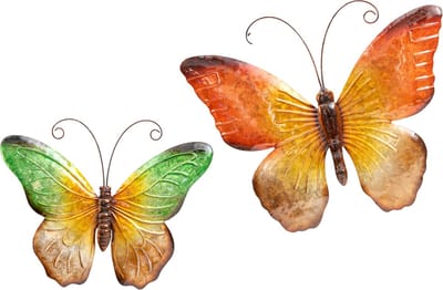 Anna Collection Wanddecoratie vlinders - 2x - groen/oranje - 32 x 24 cm/44 x 32 - metaal - muurdecoratie/schutting - dieren beelden