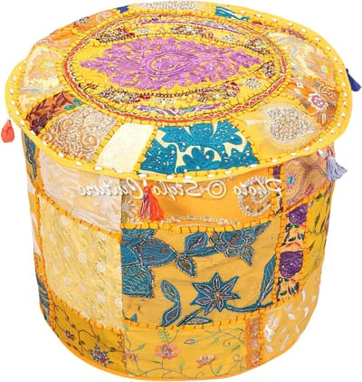 Ottomaanse Poefbank Cover - Voetbank Poefhoes - Zitmeubel Decoratie - Uniek Patchwork Borduurwerk - 40x33 cm - Mango Geel