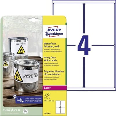 Avery-Zweckform L4774-8 Folie-etiketten 99.1 x 139 mm Polyester folie Wit 32 stuk(s) Permanent hechtend Laser (kleur), Laser (zwart/wit), Kopiëren