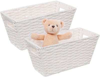 5Five Rieten opbergmand - 2x - gevlochten - wit - 31 x 15 x 15 - Kast-/badkamer mandjes - metaal/kunststof