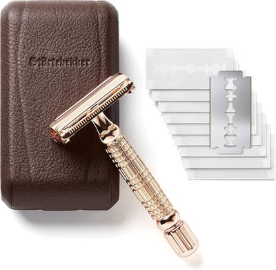 Störtebekker® Premium Safety Razor 'Hamburg' (Roségoud) - incl. leren etui (Café) en 10 scheermesjes - Scheerset Unisex - Scheermes / Veiligheidsscheermes - Double Edge / Single Blade Razor Zero Waste