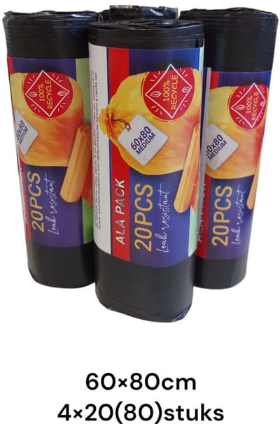 Afvalzakken – 100% recycle vuilniszakken / lekbestendig / 4 rollen x 20 stuks ( 80stuks ) / 60 liter / 60*80cm.