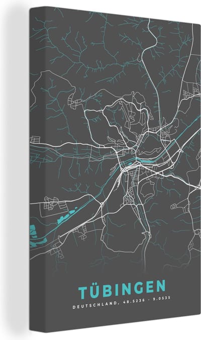 Canvas Schilderij Stadskaart – Plattegrond – Duitsland – Blauw – Tübingen – Kaart - 20x30 cm - Wanddecoratie