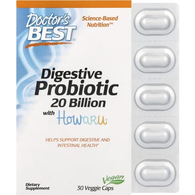 Doctor's Best, bevat 20 miljard spijsverteringsprobiotica, bevat Hawaru, 30 plantaardige capsules