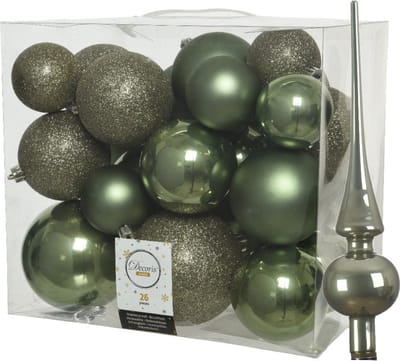 Kunststof kerstballen met glazen piek - mosgroen - 27-delig