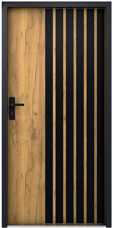 Vente-unique Massieve stalen voordeur, 207 cm hoog x 100 cm breed, eikenhoutlook met zwarte strepen - 68 mm dik - rechtsdraaiend - COBRITA