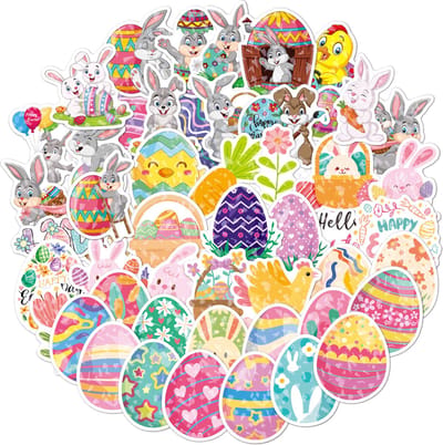 Vrolijk Pasen Stickers - 50 stuks - Paas Stickers met Paashazen, Paaseieren, Kuikentjes, Voorjaar - Paas decoratie - 5x6CM