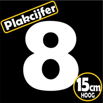 Jerma - Plakcijfer - 8 - sticker - 15 cm - Hoog - Wit - Plasticfolie - Zelfklevend - Binnen - Buiten