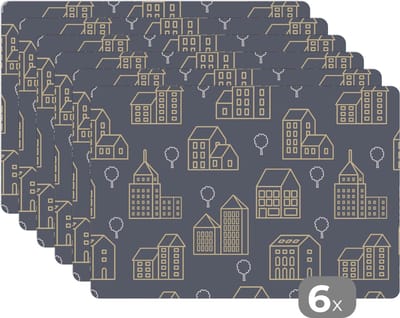 Placemat - Placemats kunststof - Patronen - Gebouwen - Goud - 45x30 cm - 6 stuks - Hittebestendig - Anti-Slip - Onderlegger - Afneembaar