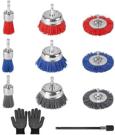 Set van 9 Nylon Schuurborstels met 150mm Hex Verlengstuk, Ideaal voor Roest, Corrosie en Verfverwijdering
