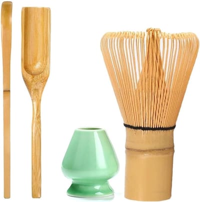 Set van 4 Stukken voor Matcha Bereiding, Inclusief Bamboe Klopper, Theelepel en Keramische Theeblaadjes, Perfect voor Thee Accessoires en Matcha Liefhebbers