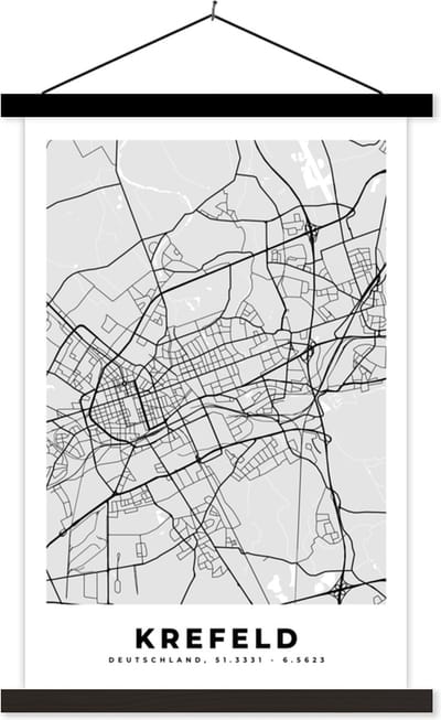 Posterhanger incl. Poster 40x60 cm - Schoolplaat - Duitsland- Krefeld - Stadskaart - Plattegrond - Kaart - Textielposter - Zwarte latten - Stadskaart