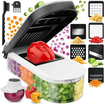 Famanu - Groentehakselaar 6-in-1 wit – compacte mandoline snijmachine met dicer voor salade, ui en groenten