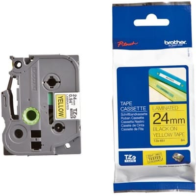 Etiketten Brother TZe, TZ TZe-651 PET Tapekleur: Geel Tekstkleur:Zwart 24 mm 8 m