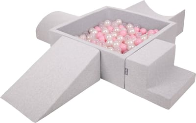 KiddyMoon Schuimspeelplaats met vierkant Ballenbad - ∅ 7cm 200 Ballen - Ballenbak Ballen Voor Baby's Foam - Speelplaats met Helling Halve Cilinder Wig en Trapjes - Ballenbak schuim voor kinderen - Lichtgrijs: Poederroze Parel Transparant