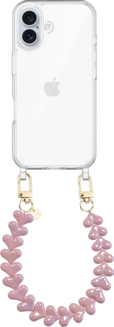 xoxo Wildhearts siliconen hoesje geschikt voor iPhone 16 Plus hoesje - Funky Hearts - Telefoonhoesje - Hoesje met koord - Metallic Roze koord - kort telefoonkoord - Hartjes ketting - Transparant hoesje