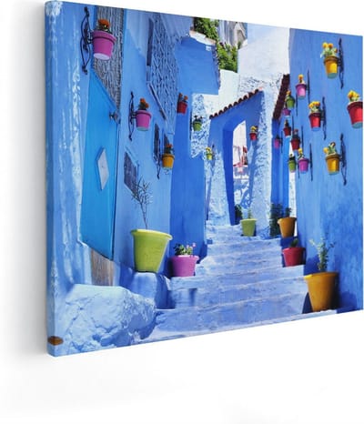 Artaza Canvas Schilderij Chefchaouen - 50x40 cm - Muurdecoratie Blauwe Stad - Wanddecoratie Steeg - Kamer Accessoires