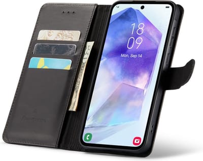 CaseMania Bookcase hoesje geschikt voor Samsung Galaxy A55 - Effen Zwart - Leer