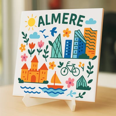 Tegeltje Almere - 15×15 cm – Keramiek – Decoratief Souvenir – Inclusief Transparante Houder / Ezel – Cadeau - Tegeltjes met tekst